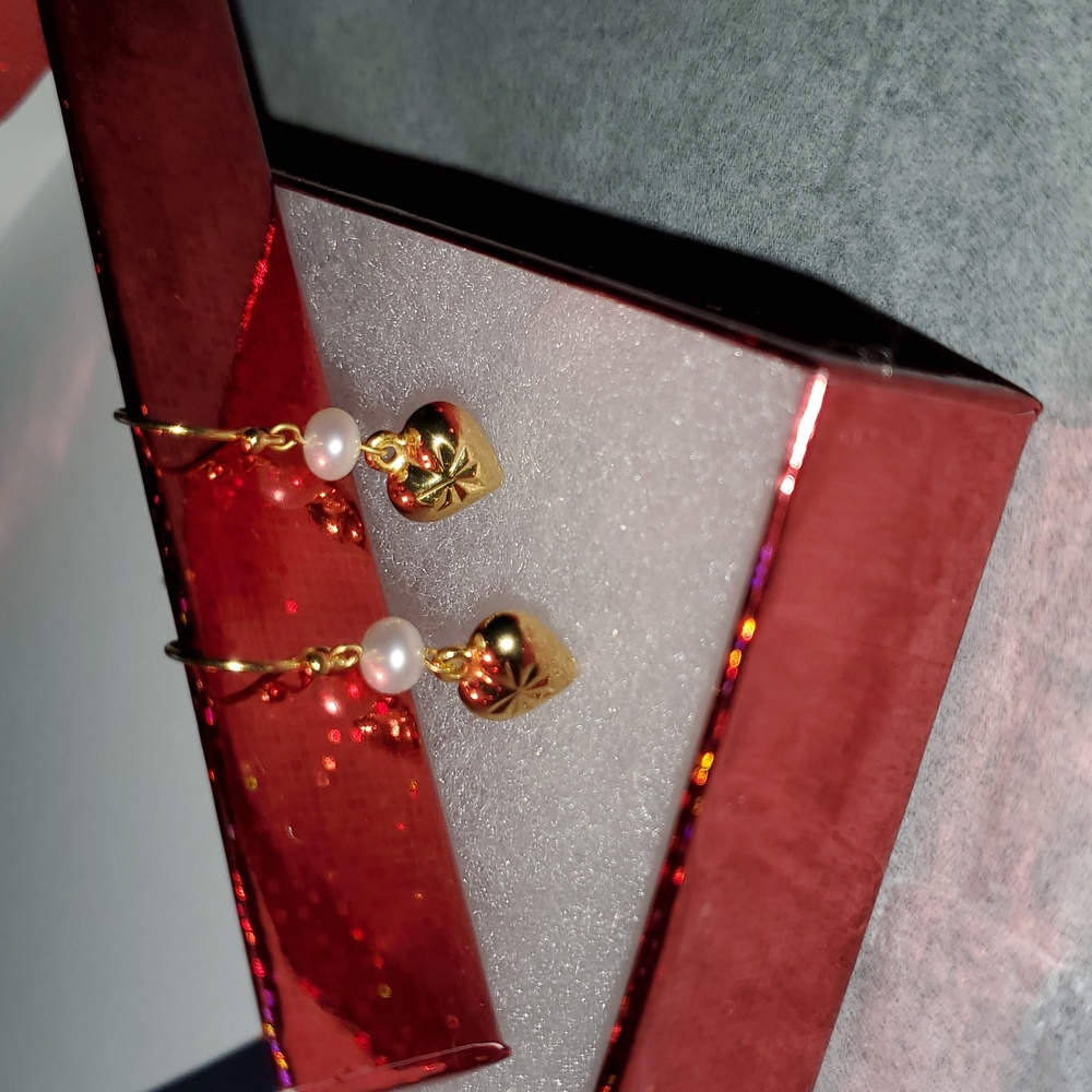 Heart & Freshwater Pearl Earrrings Primavera Italy 24K Gold / Sterling Silver - Picture 2 of 5